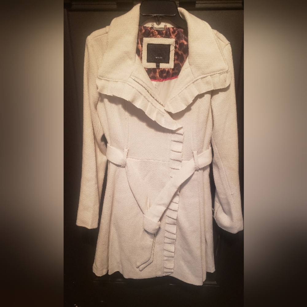 Steve Madden Womens Fully Lined Woven Cream Luxury Ruffled Ladies Coat Large NWT